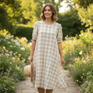 Kaksinkertainen harsokangas/musliini Double sided CHECKS MINI beige
