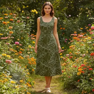 Viskoosi pellavalla EMBROIDERY Leaves forest green