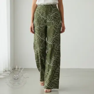 Viskoosi pellavalla EMBROIDERY Leaves forest green