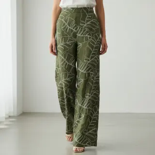 Viskóza s ľanom EMBROIDERY Leaves forest green
