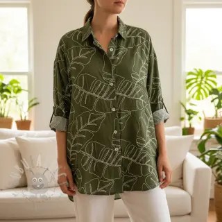 Viskoosi pellavalla EMBROIDERY Leaves forest green