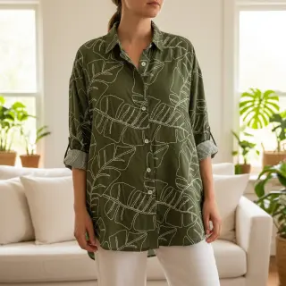 Viskóza s ľanom EMBROIDERY Leaves forest green