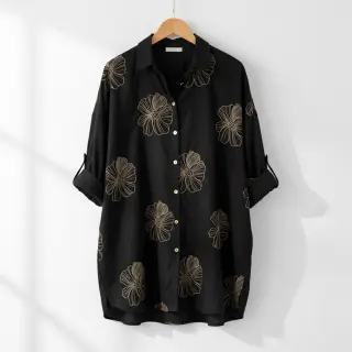 Viskóza s ľanom EMBROIDERY Flower Maya black