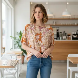 Viskoosi SATIN Flowie Noe orange digital print