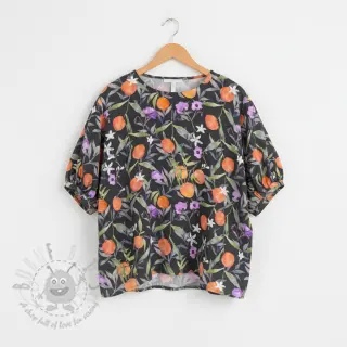 Viskoosi SATIN Leaves and oranges digital print