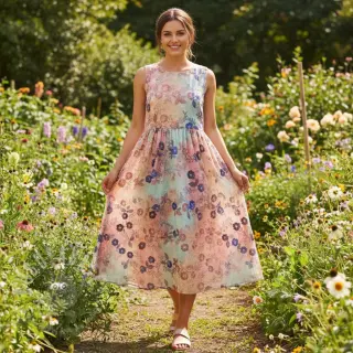 Puuvillakangas TIE DYE EMBROIDERY Poppy design R