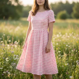 Puuvillakangas Check rosa