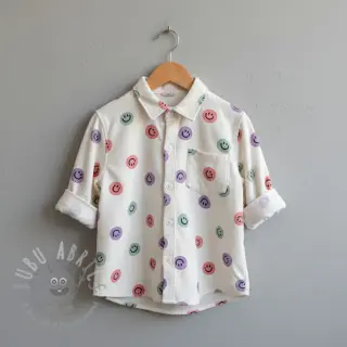 Puuvillakangas FLANNEL Happy faces off white lilac