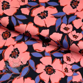 Puuvillakangas SATIN Flower Kala navy