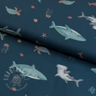 Puuvillakangas Sea life petrol digital print