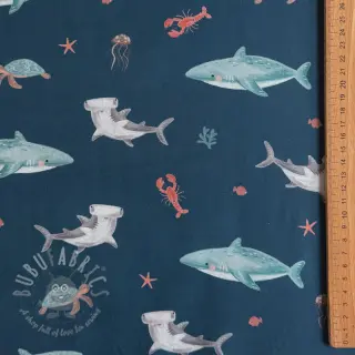 Puuvillakangas Sea life petrol digital print