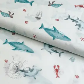 Puuvillakangas Sea life offwhite digital print