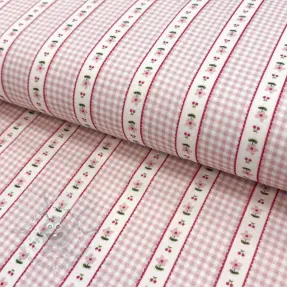 Kaksinkertainen harsokangas/musliini Flowers check pink digital print