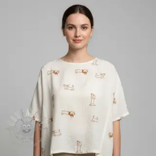 Kaksinkertainen harsokangas/musliini EMBROIDERY Dogs ecru