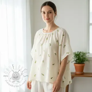 Kaksinkertainen harsokangas/musliini EMBROIDERY Fruit green SIMPLY NATURAL