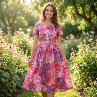 Puuvillakangas TIE DYE EMBROIDERY Flora design D