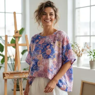Puuvillakangas TIE DYE EMBROIDERY Flora design C