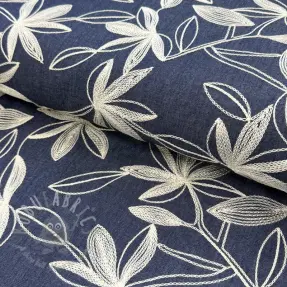 Puuvillakangas JEANS Embroidery Flowers white