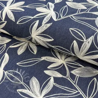 Puuvillakangas JEANS Embroidery Flowers white
