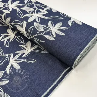 Puuvillakangas JEANS Embroidery Flowers white