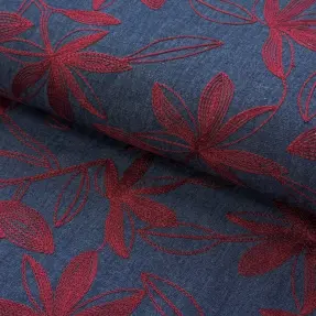 Bavlnená látka JEANS Embroidery Flowers burgundy