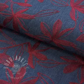 Puuvillakangas JEANS Embroidery Flowers burgundy