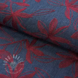 Puuvillakangas JEANS Embroidery Flowers burgundy