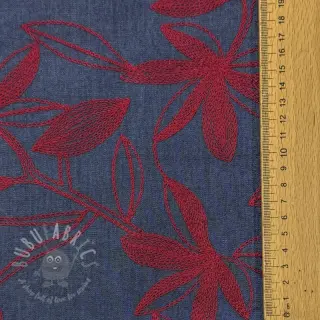 Puuvillakangas JEANS Embroidery Flowers burgundy