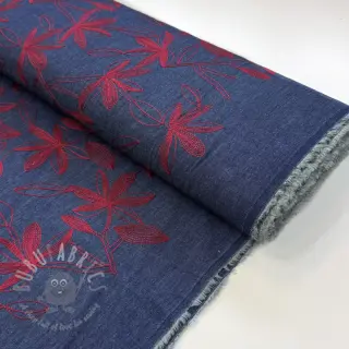 Puuvillakangas JEANS Embroidery Flowers burgundy