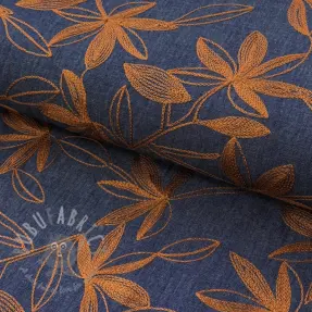 Puuvillakangas JEANS Embroidery Flowers camel