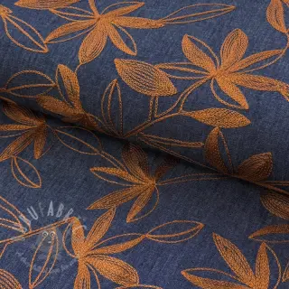 Puuvillakangas JEANS Embroidery Flowers camel