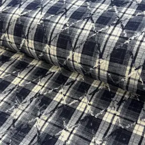 Puuvillakangas YARN DYED BRUSHED Check EMBROIDERY navy