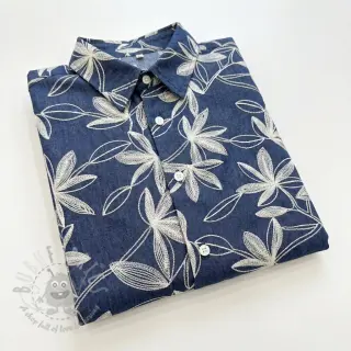 Puuvillakangas JEANS Embroidery Flowers white