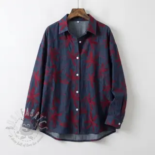 Puuvillakangas JEANS Embroidery Flowers burgundy