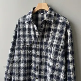 Puuvillakangas YARN DYED BRUSHED Check EMBROIDERY navy