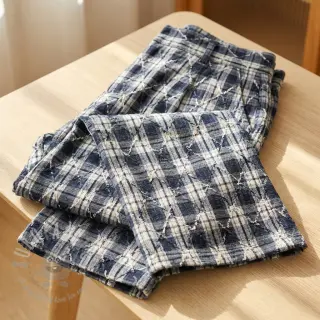 Puuvillakangas YARN DYED BRUSHED Check EMBROIDERY navy