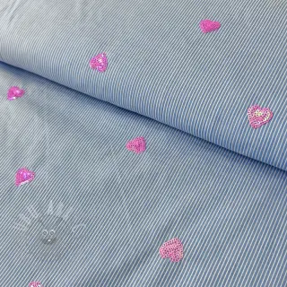 Puuvillakangas Stripes Sequins Hearts blue