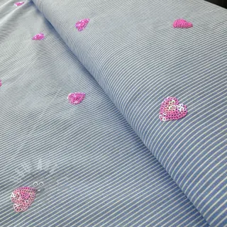 Puuvillakangas Stripes Sequins Hearts blue
