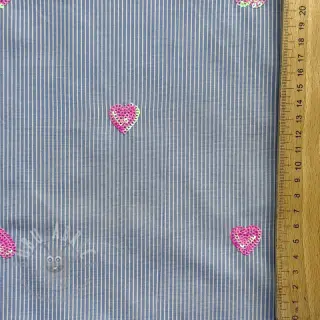 Puuvillakangas Stripes Sequins Hearts blue