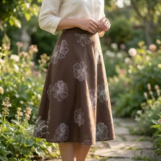 Viskoosi pellavalla EMBROIDERY Flower Maya brown