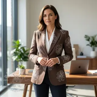Viskoosi pellavalla EMBROIDERY Flower Maya brown