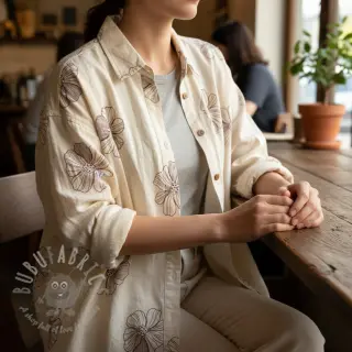 Viskoosi pellavalla EMBROIDERY Flower Maya natural