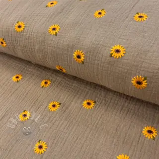 Kaksinkertainen harsokangas/musliini EMBROIDERY Sunflowers beige