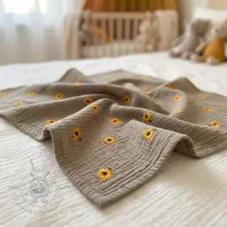 Kaksinkertainen harsokangas/musliini EMBROIDERY Sunflowers beige