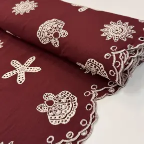 Bavlnená látka EMBROIDERY Sea ornaments bordeaux