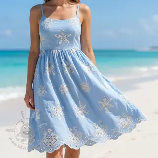 Puuvillakangas EMBROIDERY Sea ornaments light blue