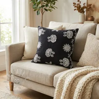 Puuvillakangas EMBROIDERY Sea ornaments black