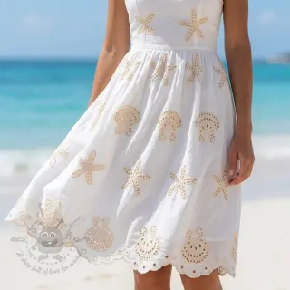 Puuvillakangas EMBROIDERY Sea ornaments white