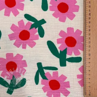 Kaksinkertainen harsokangas/musliini Flowers natural/pink by JENNIFER BOURON ORGANIC