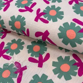 Kaksinkertainen harsokangas/musliini Flowers green by JENNIFER BOURON ORGANIC